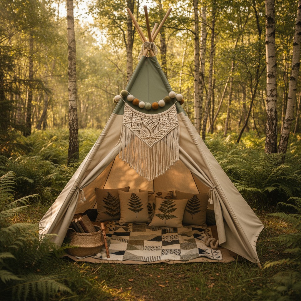 This photograph captures a traditional teepee, adorned with decorative elements, situated among lush greenery.