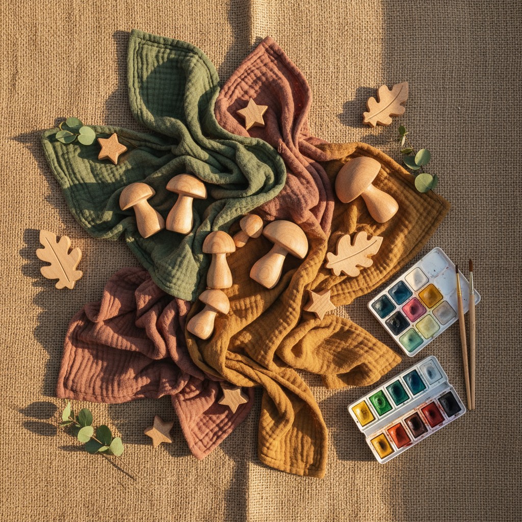 A collection of wood crafts and art supplies, featuring wooden mushrooms, stars and leaves, arranged with autumnal colors ...