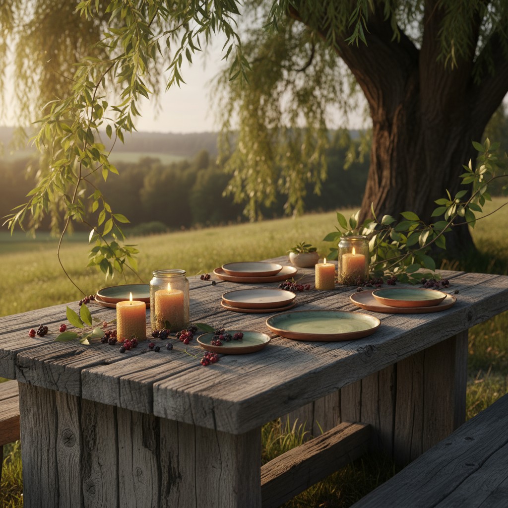 A rustic wooden table is set with plates and candles on a sunny day, alongside a leafy branch and red berries. The image i...