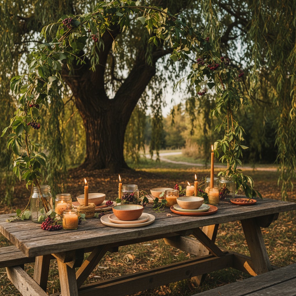 A rustic wooden picnic table set with brown plates, bowls, and candles, surrounded by a nature-inspired theme with greener...