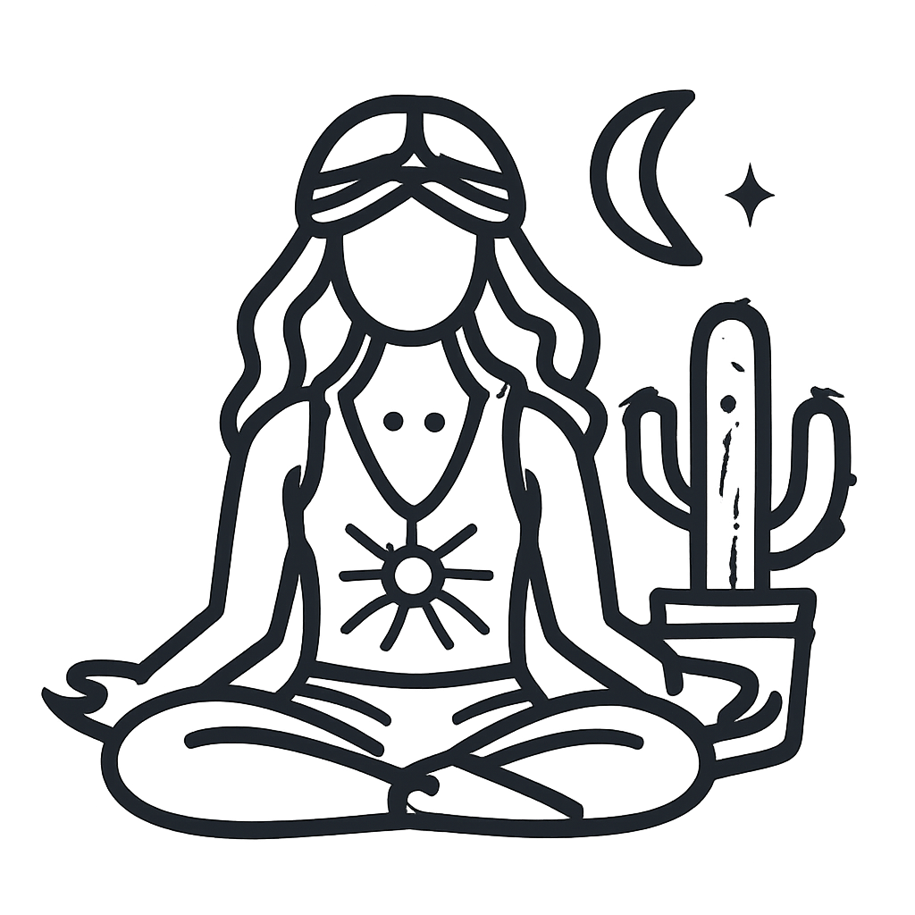 Silhouette of an indigenous woman in lotus position, with sun on her belly and crescent moon above her.